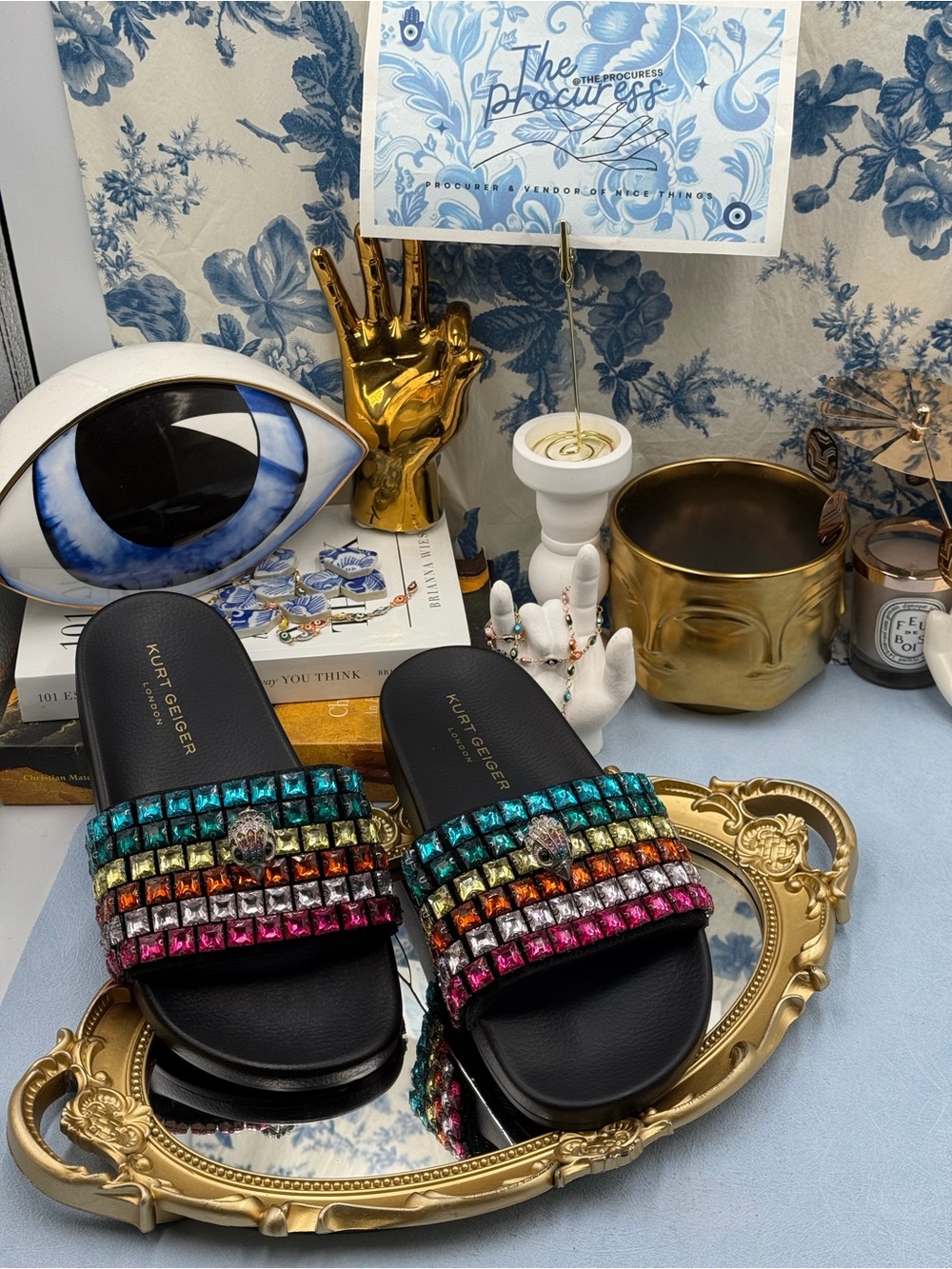 🧿🧿 KURT GEIGER LONDON Meena Eagle Jewel Crystal Studded Slide, Black Rainbow - Picture 3 of 14